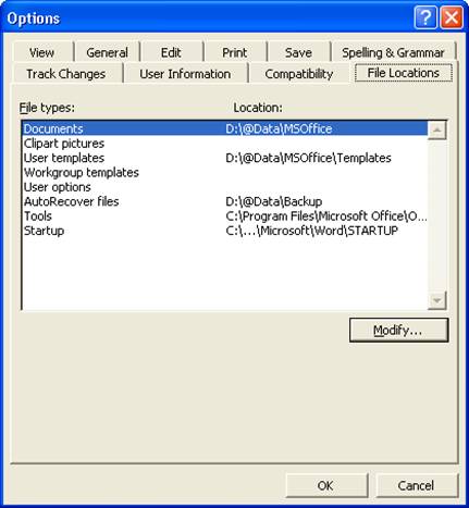 Print screen of the Options Menu from Word